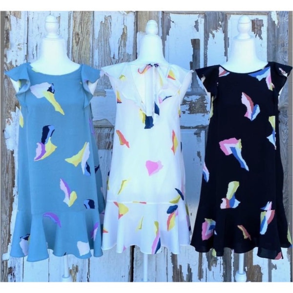 Fab’rik Multi Geometric Print Drop Hem Dress with Open Tie Back in black M